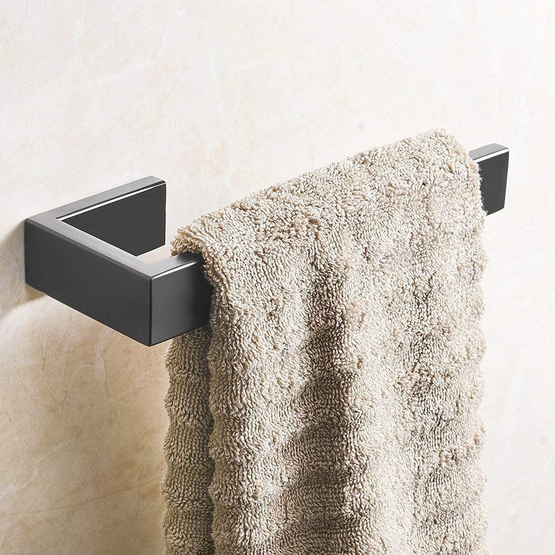 FLG 4-Piece Bathroom Hardware Accessory Set with 24" Towel Bar Towel Ring Paper Holder Robe Hook Matte Black