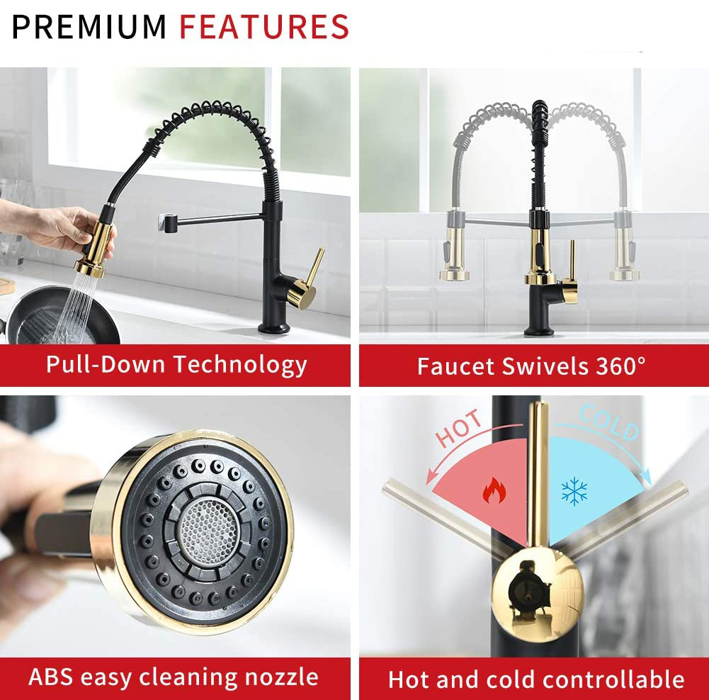 FLG Kitchen Faucet with Pull Down Sprayer Commercial Single Handle Lever Spring Kitchen Sink Faucet Matte Black&Gold