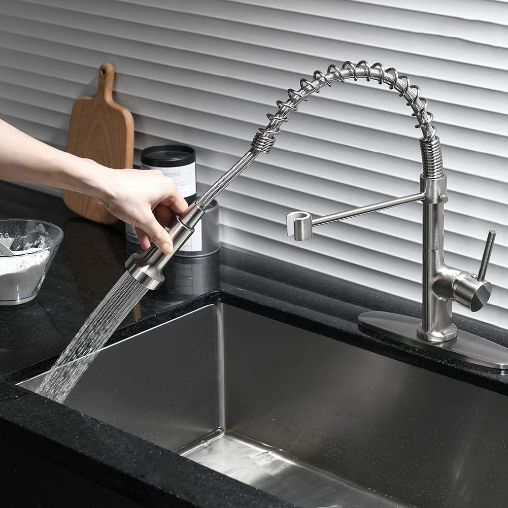 FLG Kitchen Sink Faucet,Single Handle Kitchen Faucet with Pull Down Sprayer,Commercial Spring Faucet for Kitchen Sink with Deck Plate, Brushed Nicke